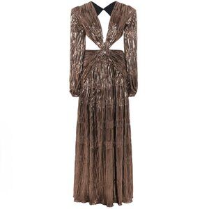 PatBO Metallic Plisse Cut Out Long Sleeve Maxi Gown in Gold - Size US 8 (NWT)
